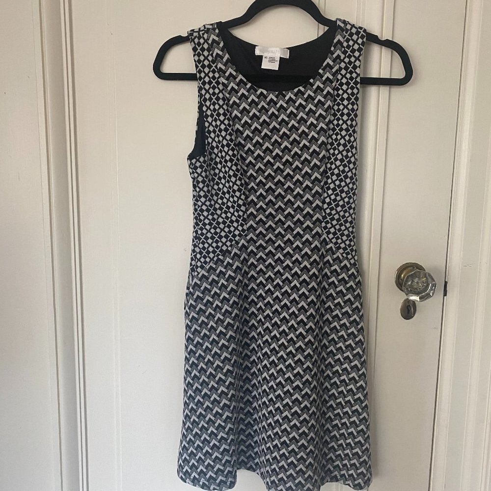 Black & White Dual-Patterned Scoop-Neck Flare Dress Business Casual Checkered